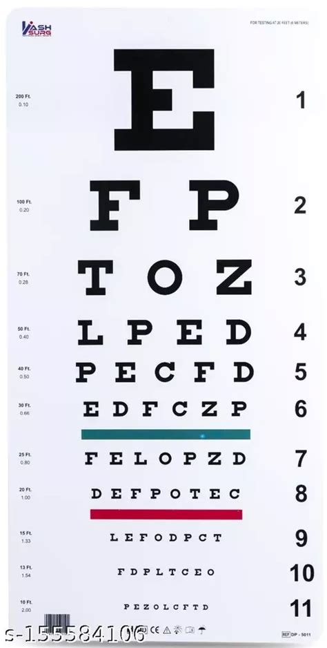 Traditional Snellen Eye Chart With Red Green Bars Visual Acuity Test M Ft