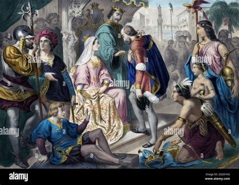 Christopher Columbus greeted by King Ferdinand and Queen Isabella on