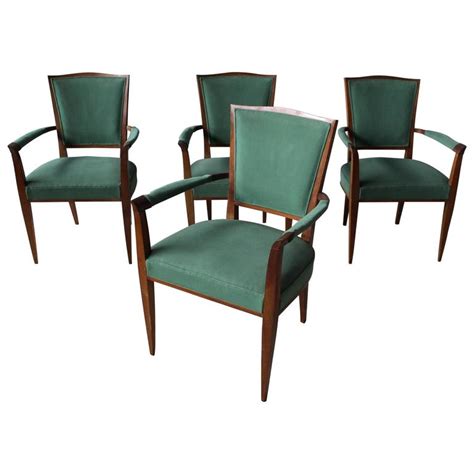 Set Of Four French Art Deco Mahogany Bridge Armchairs Attributed To
