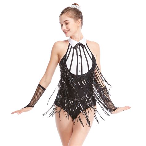 Black And White Sequins Tap And Jazz Costume Fringes Tassel Dress Dance Pe Midee Dance Costume