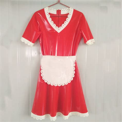 Latex Gummi Sexy Rot Kurzarm Mini Kleider Dress Schürze Zip Weiß Lace S XXL eBay