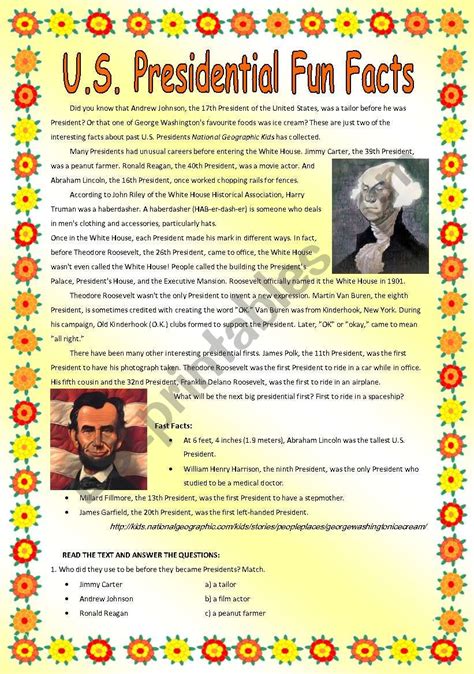 Us Presidential Fun Facts Esl Worksheet By Ania Z