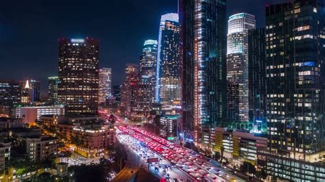 Cinematic City Aerial Drone Timelapse Of Downtown Los Angeles At Night