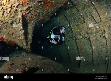 Red Sea Egypt Egypt 3rd Mar 2016 Male Scuba Diver Inside The Wreck