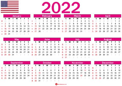 2022 Calendar Usa With Holidays And Weeks Numbers