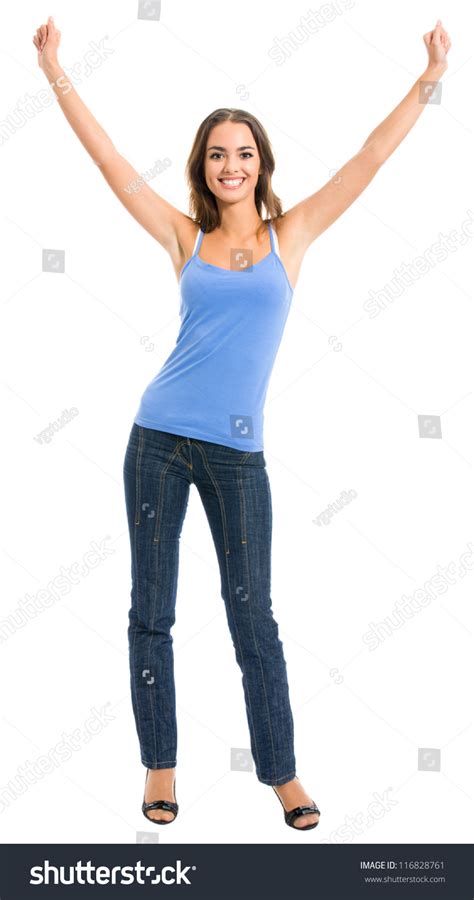 Full Body Portrait Of Happy Gesturing Cheerful Smiling