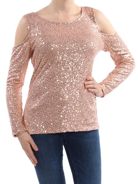 Inc Inc Womens Pink Sequined Cold Shoulder Long Sleeve Scoop Neck Top