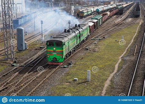 Railway With Cargo Locomotive With Wagons Many Iron Ways And Trains