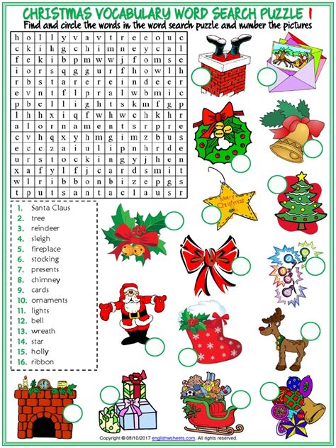 Christmas Vocabulary Esl Word Search Puzzle Worksheets For Kids Santa