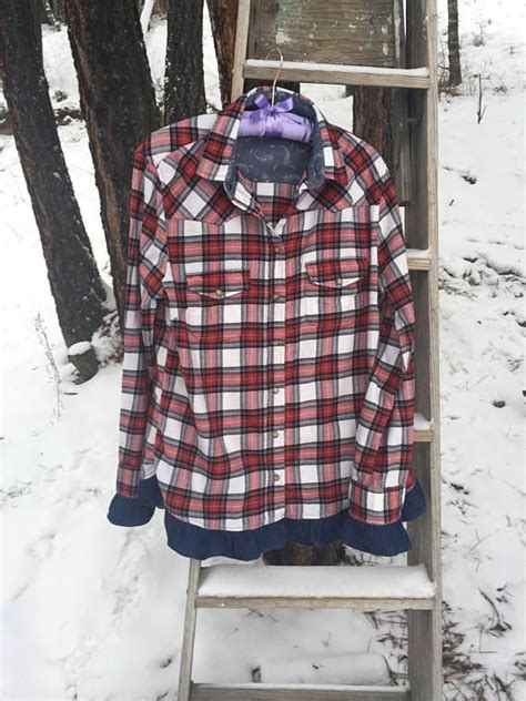 Upcycled Flannel Shirt With Denim Ruffle Trim Size Large Red Shirt
