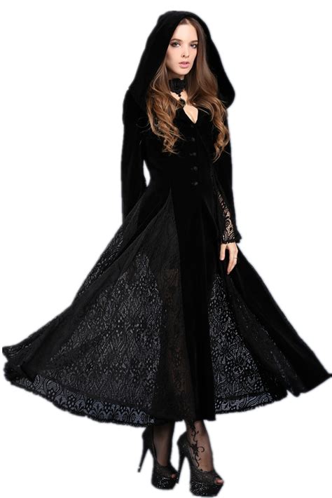 Black Hooded Long Sleeves Dress Velvet Lace Vampire Witch Gothic
