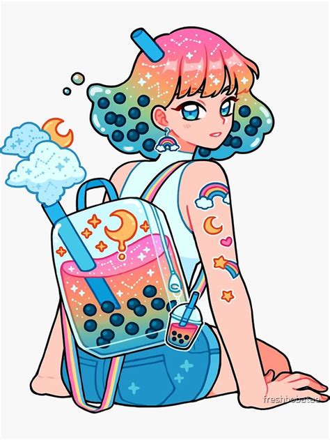 Rainbow Boba Sticker By Freshbobatae In 2021 Girls Cartoon Art Cute