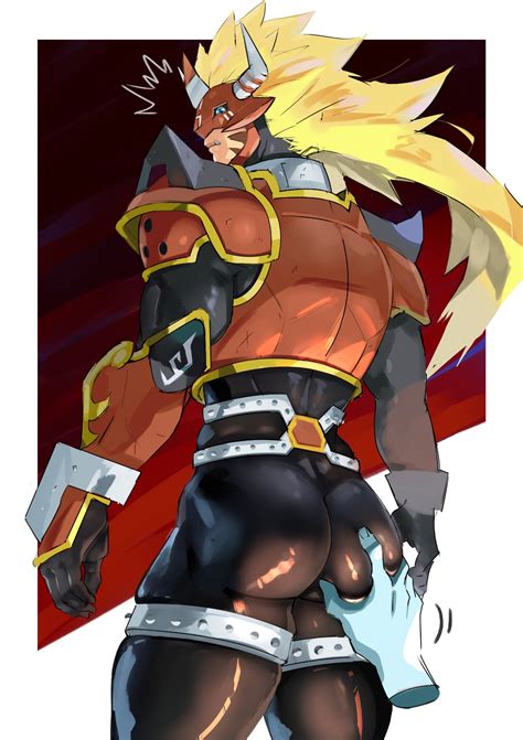Rule 34 Agunimon Armor Ass Grab Blonde Hair Digimon Horns Long Hair Looking Back Male Male