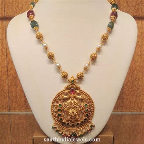 Gold Beaded Necklace With Antique Pendant South India Jewels