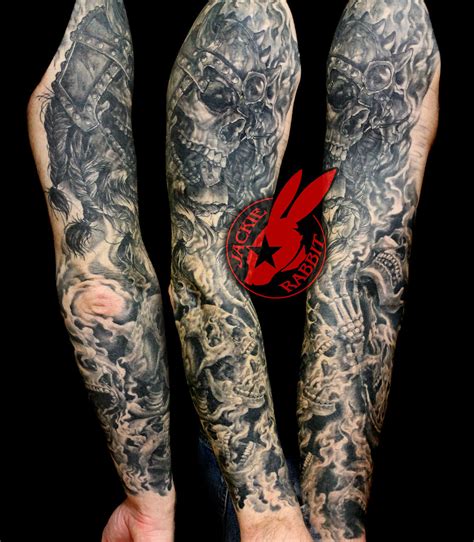 Realistic Viking Skulls Smoke Sleeve Tattoo By Jackie Rabb