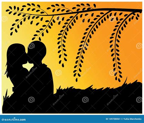 Couple Under The Tree At Sunset Stock Vector Illustration Of Kissing