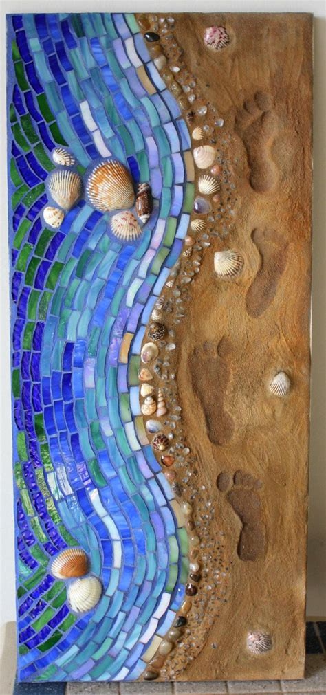 Mosaic Mixed Media Glass Shoreline Footsteps In Sand Etsy Mosaic