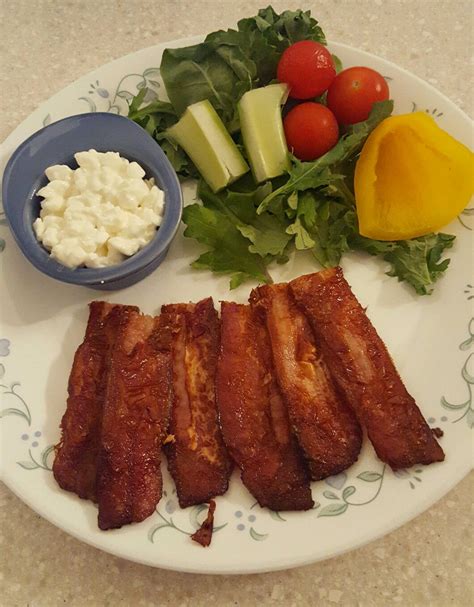 Add eggs, flour, xanthan gum, milk, and butter, in that order, to a blender. Keto Breakfast: Bacon, cottage cheese, salad | Keto ...