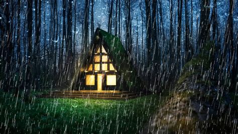 fuertes lluvias en una casa solitaria en el bosque por la noche gran espacio para dormir