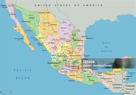 Meksiko Peta Politik Yang Sangat Rinci Diedit Dengan Pelabelan