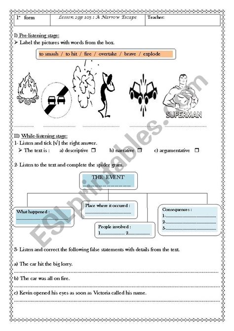 1st Form Lesson 29p 105 A Narrow Escape Esl Worksheet By Nagui17