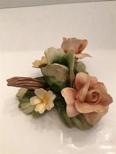 Vintage Capodimonte Porcelain Rose Flower Candle Holder Made In Italy