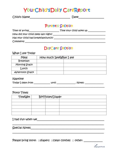 Daycare Infant Daily Report Template