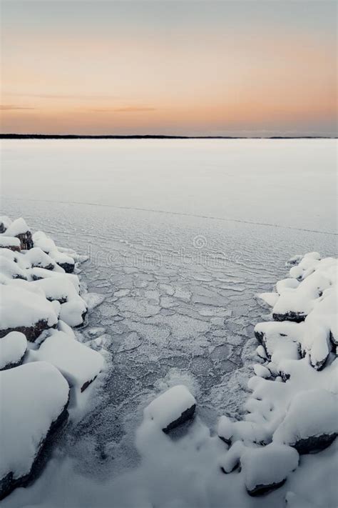Frozen Lake In Finland During The Sunset Full Iced Stock Photo Image