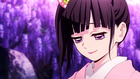 Demon Slayer Kimetsu No Yaiba With Purple Eyes And Pink Dress With