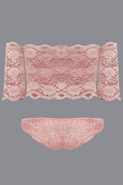 Pink Sexy Lace Details Off Shoulder Lingerie Set Chicim
