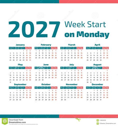 Simple 2027 Year Calendar Stock Vector Illustration Of