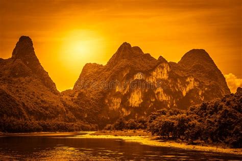 Karst Mountain Scenery Along Li River In China Stock Image Image Of