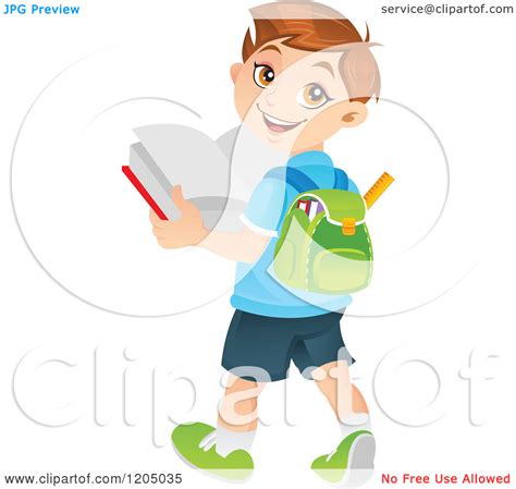 Cartoon Of A Happy White School Boy Looking Back And Reading A Book
