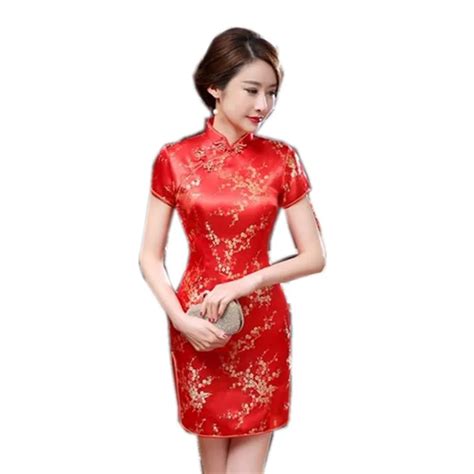 New Red Chinese Women Traditional Dress Silk Satin Cheongsam Mini Sexy Qipao Flower Wedding