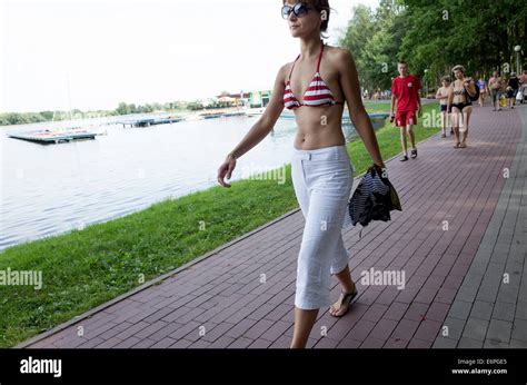 Attractive Slim Polish Woman In A Bikini Top Strolling Along Zalew Tatar Lagoon Rawa Mazowiecka