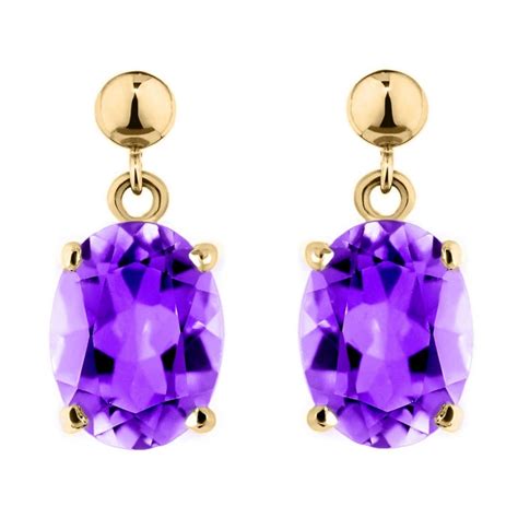 9ct Yellow Gold 8x6mm Oval Amethyst Drop Earrings Jewellery From Mr