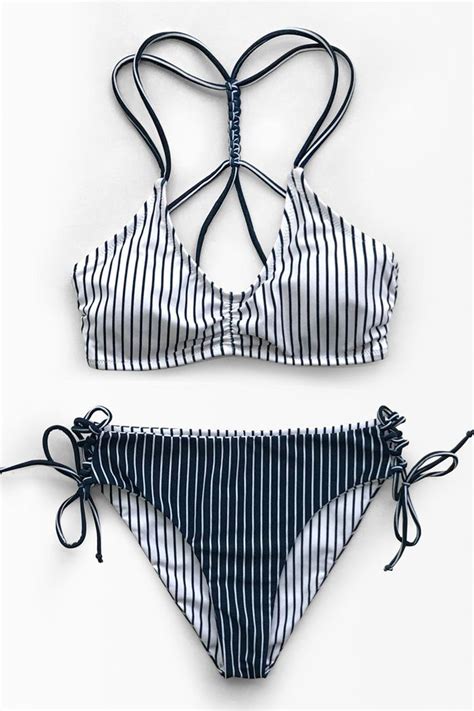Navy And White Stripe Strappy Lace Up Bikini Bikinis Tank Bikini Top