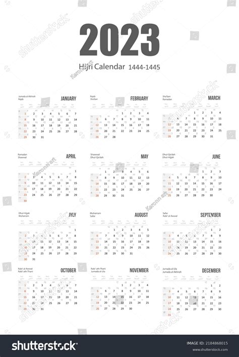 Hijri Islamic Gregorian Calendar 2023 1444 Stock Vector Royalty Free