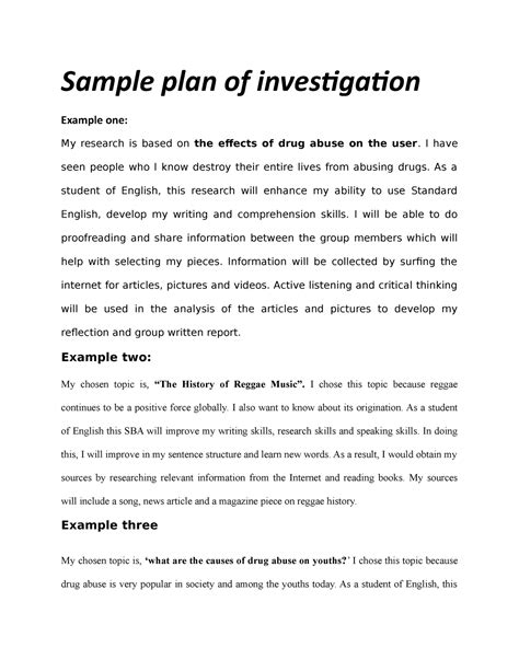 Sample Plan Of Investigation Sample Plan Of Investigation Example One