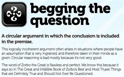 Begging the question (literal translation from latin petitio principii) is a logical fallacy where the premise on which the conclusion is based, is already assumed to be true. No, that doesn't actually beg the question › Synapses
