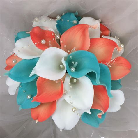 Turquoise Coral And White Wedding Bouquets For Sale Coral And White