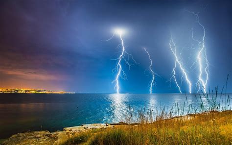 Nature Landscape Lightning Coast Storm Sea Clouds City Shrubs Wallpapers Hd Desktop