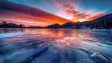 Download 1920x1080 Wallpaper Frozen Lake Sunset Winter Skyline Nature Full Hd Hdtv Fhd
