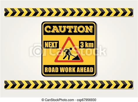 Road Work Ahead Sign And Caution Lines Isolated On White Background