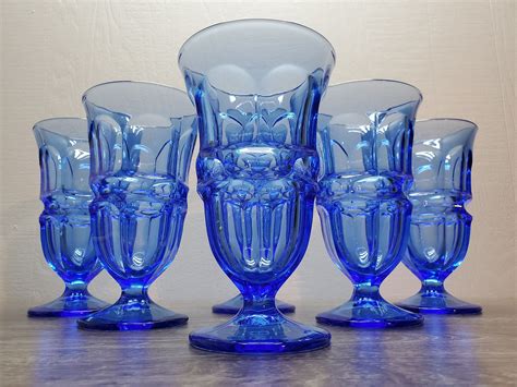 Set Of 6 Vintage Fostoria Argus Blue Iced Tea Glasses Stemware Footed Goblet Colored Glass