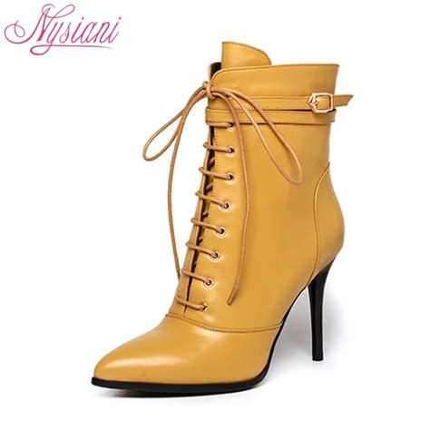 2017 pointed toe ankle boots genuine leather woman buckle leather thin heels shoes lace up