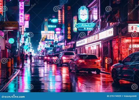 City Street At Night With Neon Signs And Cars Parked On The Side Of The