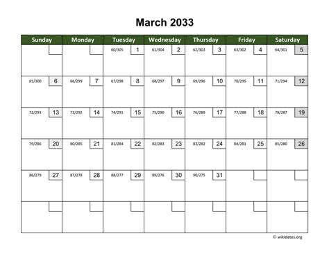 March 2033 Calendar With Day Numbers