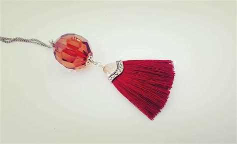 Red Tassel Necklace With Large Red Pendant And Silky Tassel Etsy