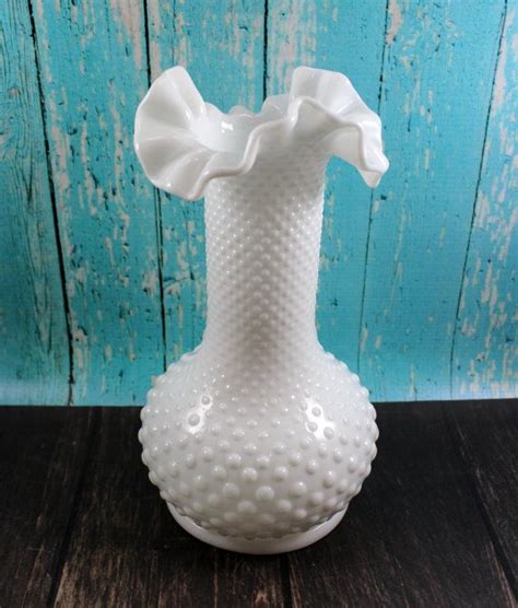 Large Fenton Hobnail Double Crimp Ruffle Rim Vase Milk Glass Etsy Milk Glass Vintage